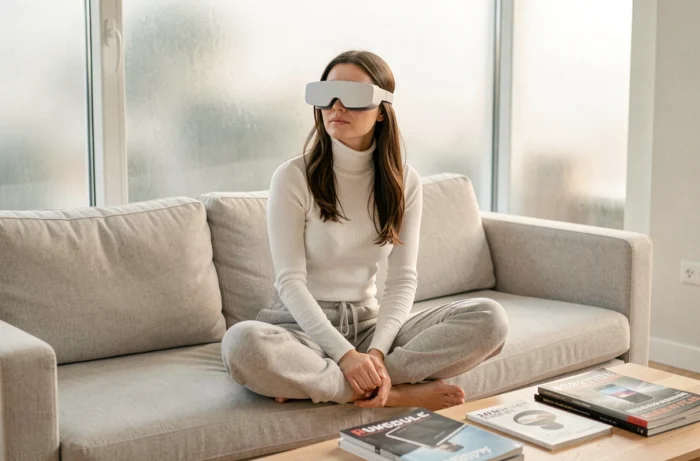 Femme portant des lunettes de réalité augmentée assise dans un salon scandinave épuré, exprimant un sentiment d'émerveillement technologique
