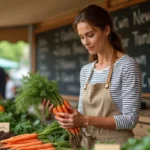 Femme choisissant des légumes bio et locaux sur un marché de producteurs en plein air