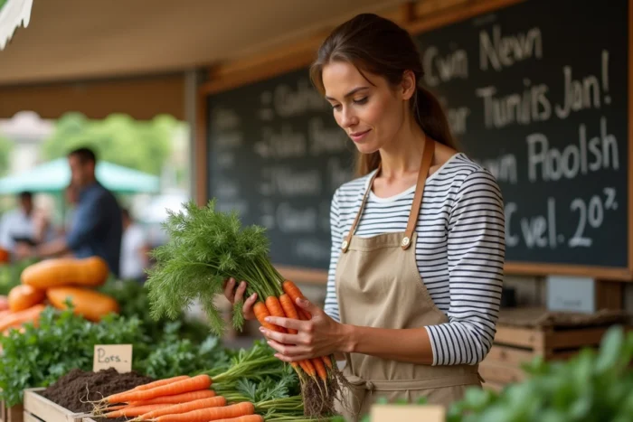 Femme choisissant des légumes bio et locaux sur un marché de producteurs en plein air