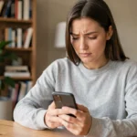 Jeune femme modifiant l'adresse email de son compte Supercell ID sur son smartphone dans un bureau à domicile