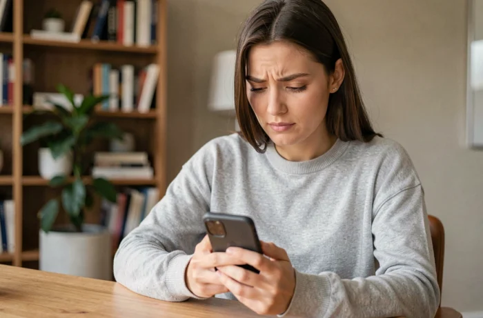 Jeune femme modifiant l'adresse email de son compte Supercell ID sur son smartphone dans un bureau à domicile