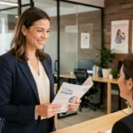 Femme professionnelle en blazer navy discutant d'opportunités business avec un conseiller emploi dans un espace de coworking moderne