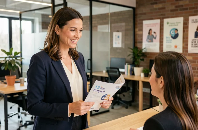 Femme professionnelle en blazer navy discutant d'opportunités business avec un conseiller emploi dans un espace de coworking moderne