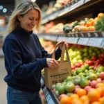 Une femme choisit des produits dans un panier anti-gaspi Lidl avec des fruits et légumes légèrement imparfaits à prix réduit