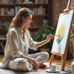 Femme trentenaire peignant à l'aquarelle dans un appartement urbain créatif pendant ses loisirs