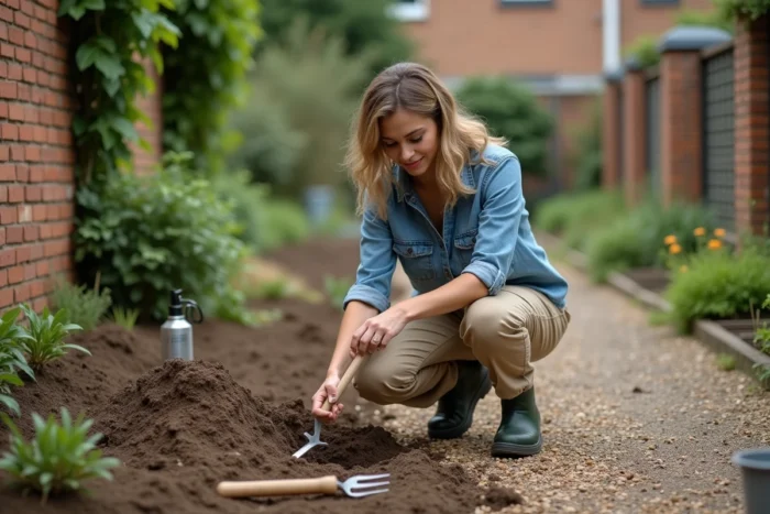 Femme utilisant un pic de jardin pour ameublir une terre compacte et dure dans un jardin partagé urbain, avec plusieurs outils pratiques posés au sol
