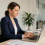 Femme professionnelle consultant un extrait Kbis et remplissant un formulaire administratif en ligne sur son ordinateur portable dans un bureau moderne