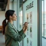 Femme professionnelle analysant des infographies RSE et durabilité dans un bureau moderne avec mobilier recyclé