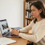 Femme consultant des annonces immobilières en ligne sur un ordinateur portable dans un bureau à domicile moderne