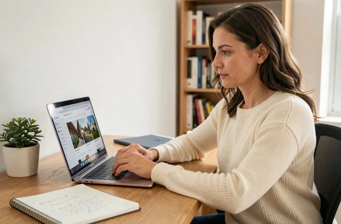 Femme consultant des annonces immobilières en ligne sur un ordinateur portable dans un bureau à domicile moderne