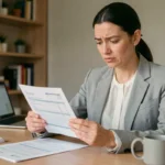 Femme examinant un relevé bancaire avec un prélèvement Diot Siaci à son domicile
