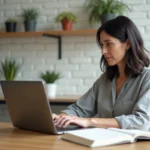 Femme consultant les ressources numériques sur un ordinateur portable dans un espace de co-working moderne