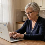 Femme senior naviguant sur un site internet avec son ordinateur portable dans une cuisine chaleureuse