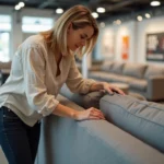 Femme examinant attentivement un canapé d'angle gris lors des soldes Poltronesofa dans un magasin de meubles