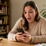 Jeune femme surprise en lisant un mot viral sur son smartphone à son bureau