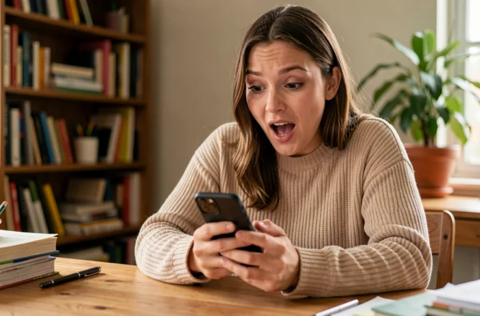 Jeune femme surprise en lisant un mot viral sur son smartphone à son bureau