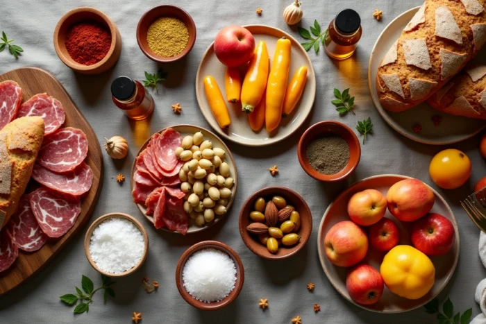 Vue aérienne d'un festin gastronomique avec pains artisanaux, charcuteries et épices sur nappe en lin