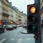 Feu tricolore en panne à une intersection urbaine avec voitures arrêtées et signalisation éteinte