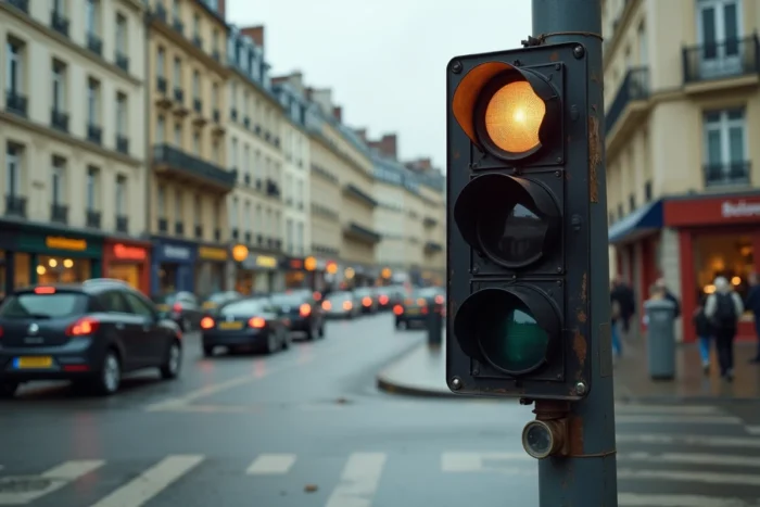 Feu tricolore en panne à une intersection urbaine avec voitures arrêtées et signalisation éteinte