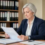 Fonctionnaire française d'âge mûr consultant ses documents de retraite dans un bureau administratif