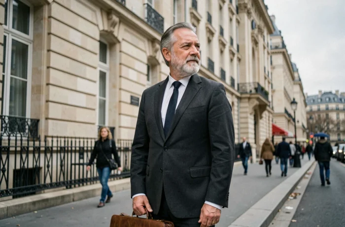 Fonctionnaire masculin senior devant un bâtiment administratif parisien à l'approche de la retraite