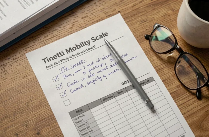 Formulaire imprimé de l'échelle de Tinetti avec annotations manuscrites et stylo sur un bureau en bois