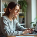 Femme gérant son compte bénéficiaire Logisfil sur un ordinateur portable dans un bureau à domicile