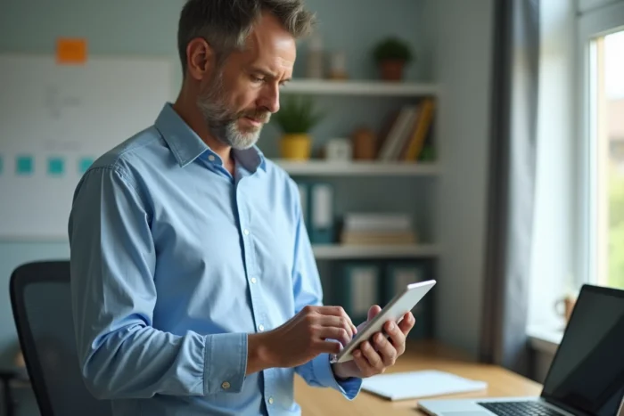 Un administrateur scolaire gère sa messagerie académique depuis son bureau à domicile avec une tablette