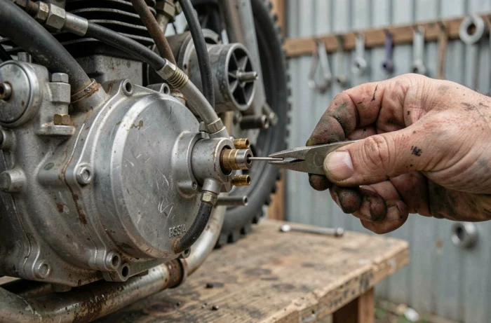 Gros plan sur le carburateur et le gicleur d'un dirt bike lors d'un réglage mécanique
