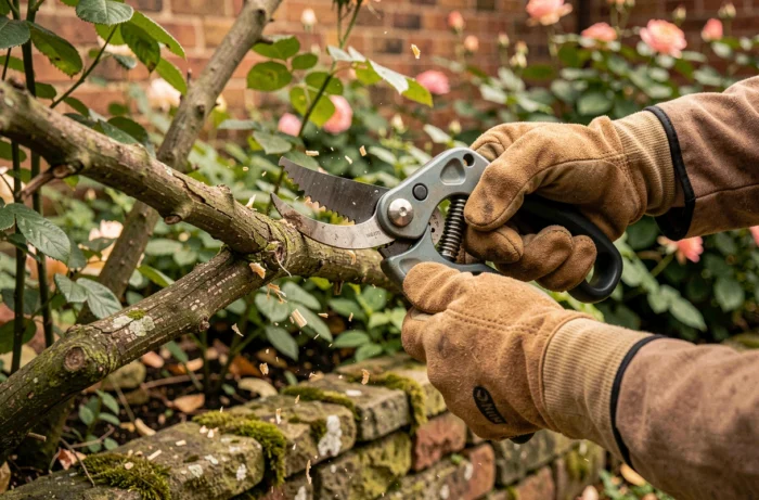 Gros plan de mains gantées utilisant une élagueuse sans fil compacte pour couper une branche épaisse dans un jardin de cottage