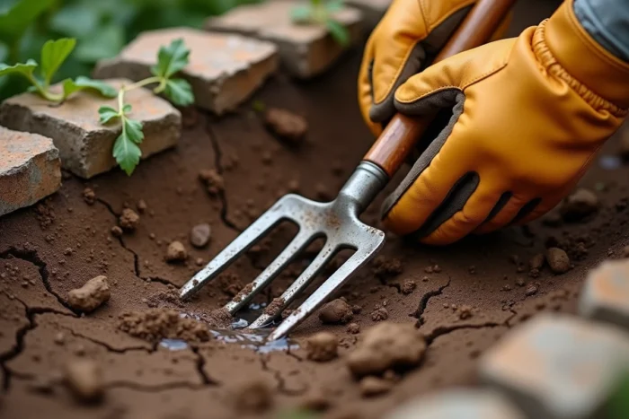 Gros plan sur des mains gantées en cuir enfonçant une fourche bêche dans une terre très dure et fissurée, avec de l'eau versée pour ramollir le sol avant de creuser