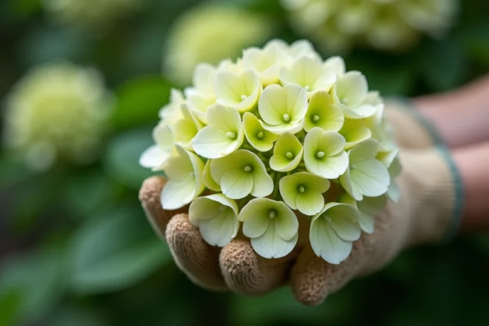 Gros plan d'une fleur d'hortensia qui vire au vert, examinée par un jardinier avec des gants