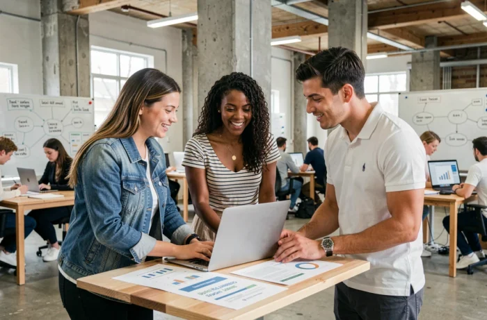 Groupe de jeunes entrepreneurs collaborant autour d'un projet business dans un espace d'incubation moderne grâce au programme 1 2 3 Go Emploi
