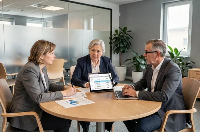 Groupe de fonctionnaires discutant de la réforme des retraites autour d'une table de réunion