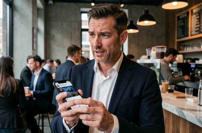 Homme consultant un fil d'actualités virales sur smartphone dans un café urbain animé
