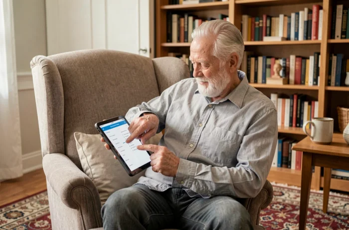 Homme âgé utilisant une tablette pour naviguer sur un plan de site depuis son salon