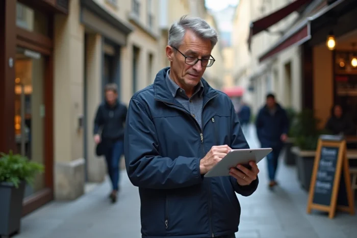 Homme consultant une plateforme d'avis en ligne sur tablette dans une rue commerçante française