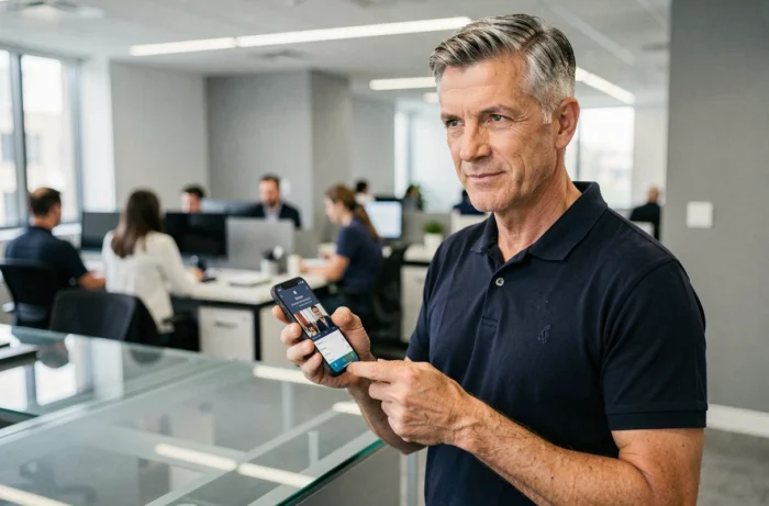 Homme en bureau utilisant une application mobile pour effectuer un transfert d'argent Western Union