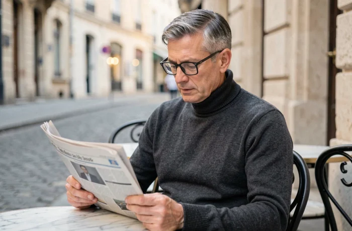 Homme aux cheveux sel et poivre portant des lunettes noires rectangulaires dans un café parisien