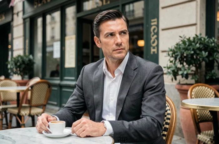 Homme distingué en costume gris assis à une terrasse de café parisien, regard pensif, atmosphère intellectuelle et raffinée
