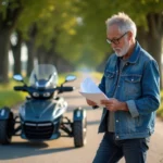 Homme d'une cinquantaine d'années consultant des documents administratifs d'homologation à côté d'un trike garé sur une route française