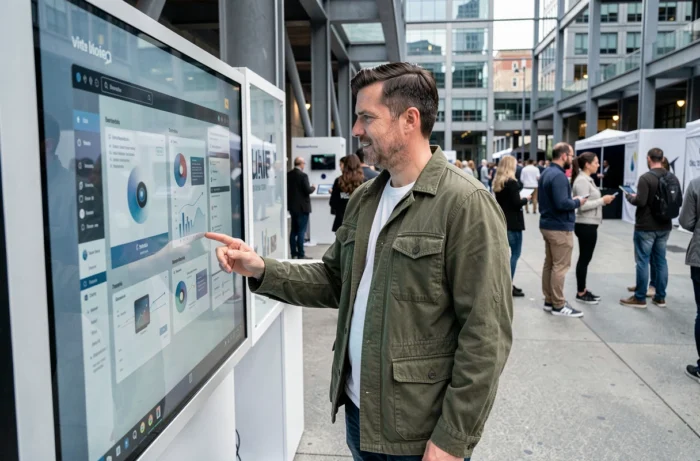 Homme en veste kaki interagissant avec un écran tactile transparent lors d'un événement technologique en plein air dans une place urbaine moderne