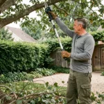 Homme utilisant une élagueuse sur perche sans fil pour tailler les branches hautes d'un chêne dans un jardin bien entretenu
