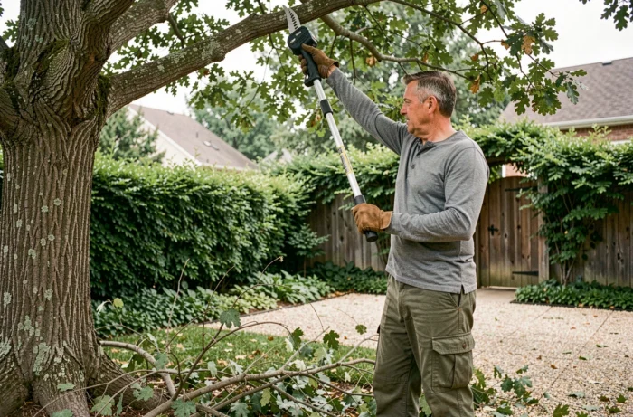 Homme utilisant une élagueuse sur perche sans fil pour tailler les branches hautes d'un chêne dans un jardin bien entretenu