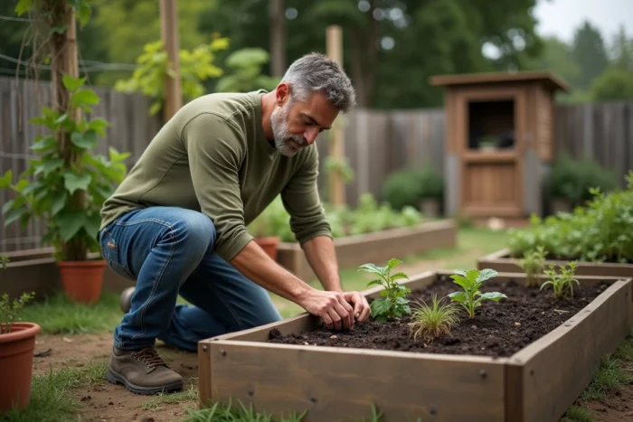 Homme jardinant dans un potager communautaire urbain lors de ses loisirs du week-end