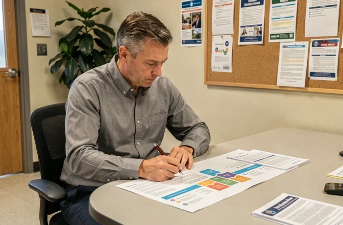 Homme en chemise grise étudiant un plan de développement business dans un centre pour l'emploi avec des documents 1 2 3 Go Emploi
