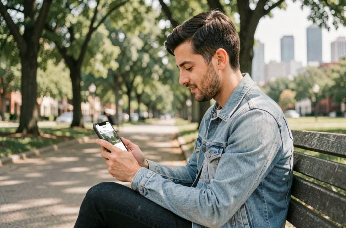 Homme cherchant des annonces immobilières sur son smartphone dans un parc urbain