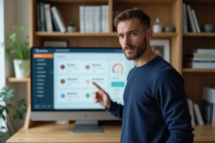 Homme présentant un tableau de bord de services numériques sur grand écran dans un bureau à domicile