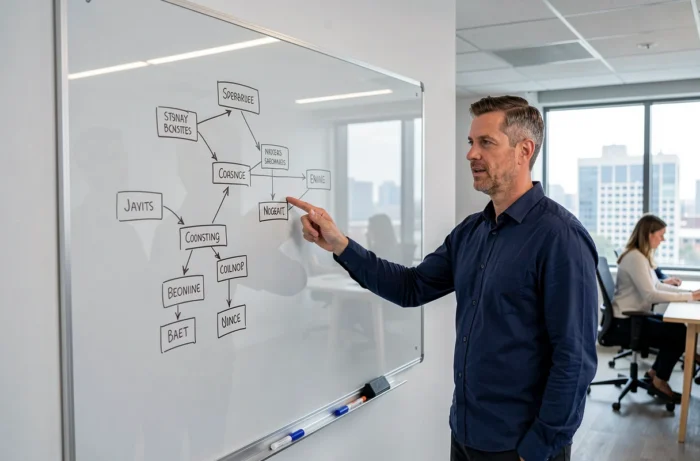 Homme expliquant la structure d'un sitemap de navigation sur un tableau blanc dans un bureau moderne