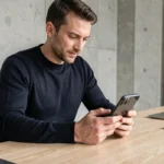 Homme en pull marine examinant un smartphone pliable dernière génération sur un bureau en bois dans un espace de travail moderne